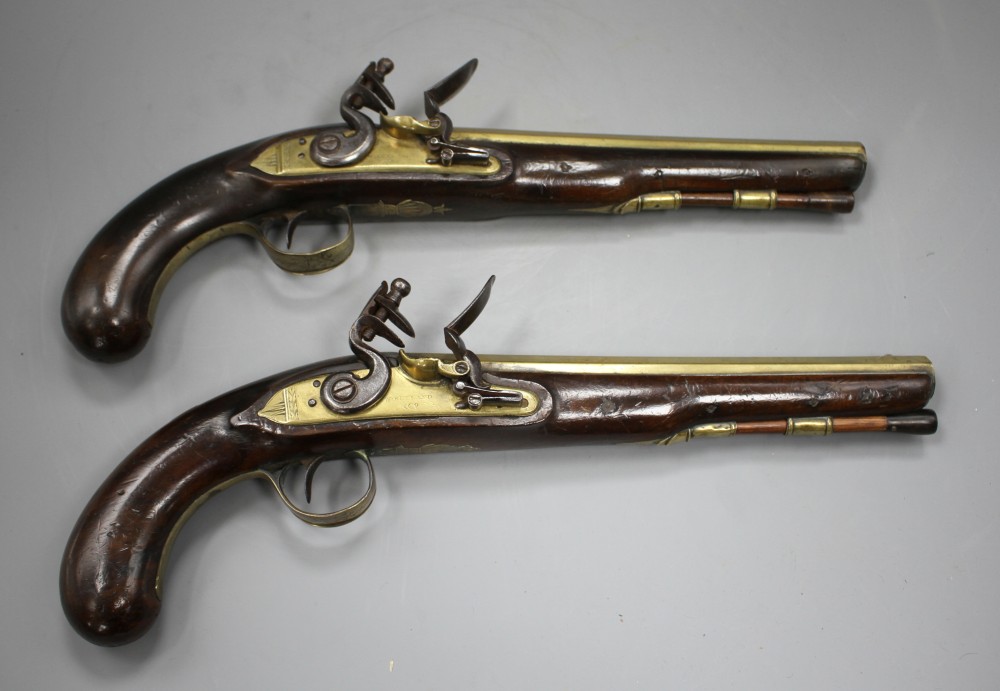 A pair of flintlock holster pistols by W. Ketland & Co, late 18th century,